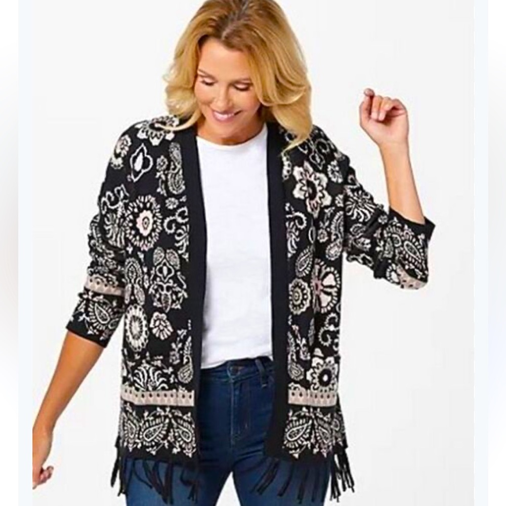 Isaac Mizrahi Live Black Jacquard Cardigan Sweater Fringe Trim